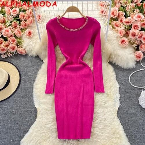 ALPHALMODA New Chain necklace collar elastic knitted dress slim fit women wrap hip dress solid color long-sleeved pullovers