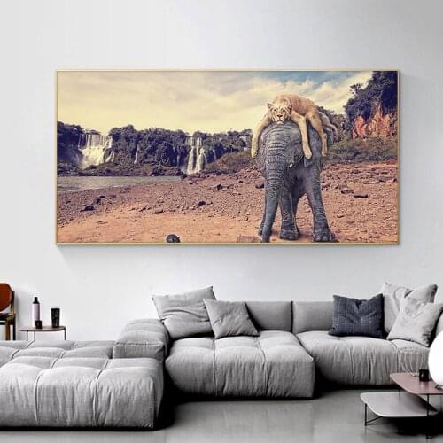 Africa Elephant And Lion Wild Animals Canvas Painting Scandinavia Posters and Prints Cuadros Wall Art Pictures For Living Room