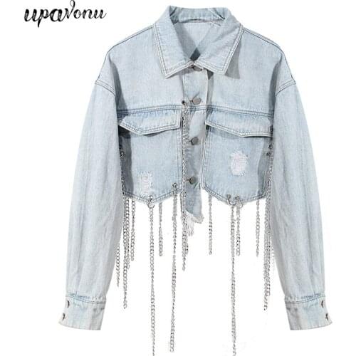 Free Shipping Fashion Fringed Denim Jacket Lapel Long Sleeve Single-breasted Button Short Denim Jacket 2021 New Womens Jacket