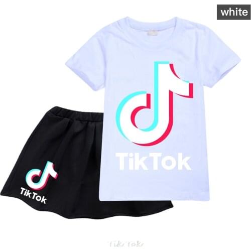 Tik Tok Cute Cartoon Printing Childrens Girls Skirt Suit T-shirt Short Sleeve Skirt 2-Piece Set
