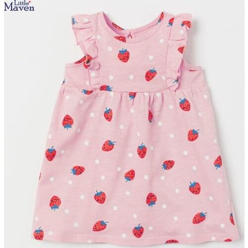 Little Maven New Summer Children Pink Strawberry Printed Sleeveless O-neck Pleat Girls 2-7yrs Flare Cotton Knitted Cute Dresses