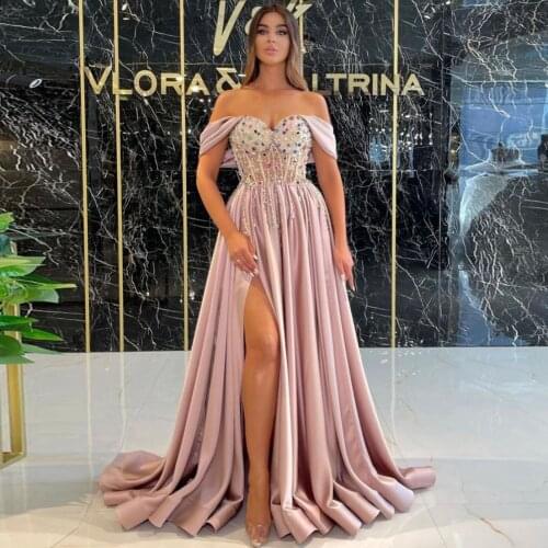 Elegant Pink Evening Dress Beaded Crystals Off-The-Shoulder Floor Length High Split A-Line Special Occasion Prom Dress Plus Size