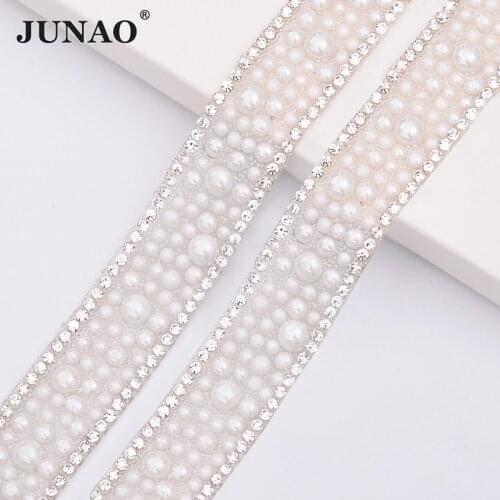 JUNAO 5Yard*18mm White Pearl Ribbon Rhinestones Trim Hot Fix Crystal Banding Strass Chain Bridal Applique for DIY Dress Jewelry