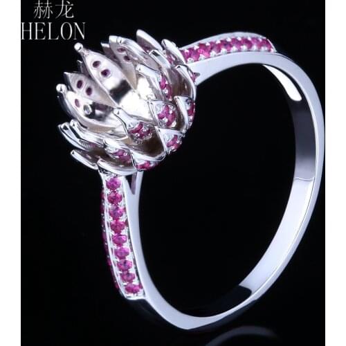HELON 6-6.5mm Round Cut Solid 14K White Gold Genuine Rubies Semi Mount Engagement Ring Trendy Fine Jewelry Flowers Gemstone Ring