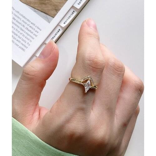 Wedding Rhombus AAA White Zircon Ring Women Style Versatile Simple 18K Gold 925 Sterling Silver Open Free Size Ring for Women