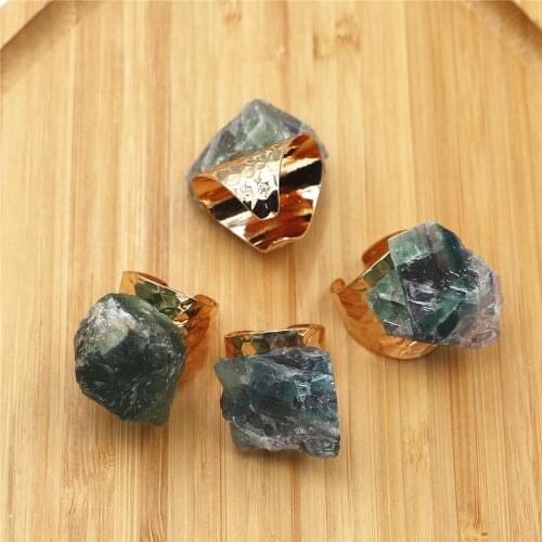 Wholesale Natural Raw Ore Ring Natural Fluorite Fashion Adjustable Gold-plated Ring Resizable Rings for Women