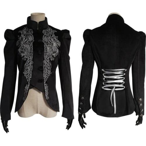 2021 Women Gothic Riding Black Velvet Lace Steampunk Victorian Style Jacket Black Embroidery Flowers Lantern Sleeves Cosplay