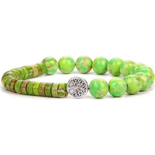 Life Tree Bracelets Buddhism Silver Color Charm Bangle Men Meditation Jewelry Natural 8 mm Imperial Jaspe Stone Bracelet Women