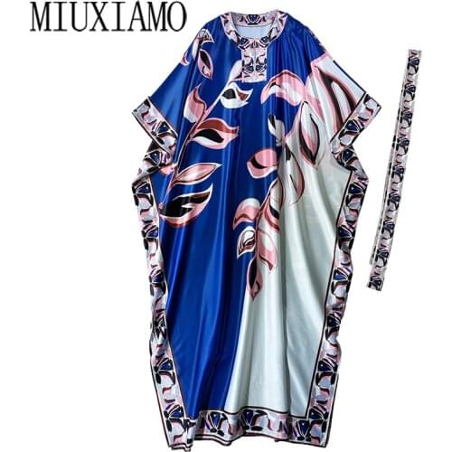 MIUXIMAO 2021 Bohemian Plus Size Dress o-neck Batwing Sleeve Maxi Dress Women Silk Floor Length Leaf Print Kaftan Dress Belt