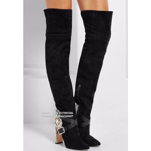 Fashion Black Over The Kneee Boots Women Python Pattern Block Heeled Buckle Straps Thigh High Belted boots Winter