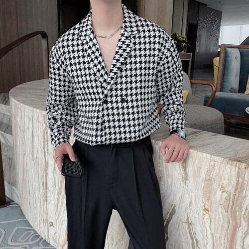 2021 Fall Korean Fashion Print Houndstooth Plaid Long Sleeve Shirt Mens Loose Casual Single-breasted Shirt camisas para hombre