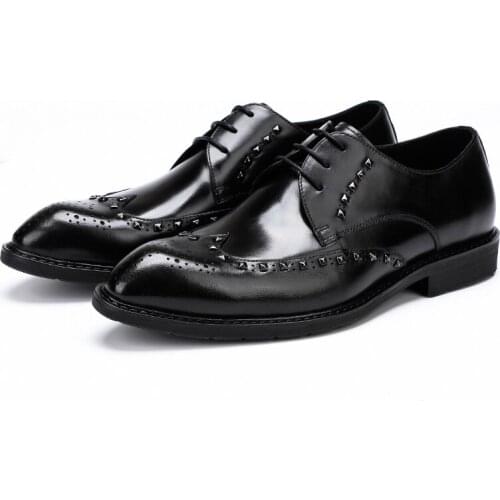 Studded Oxfords Wingtip Shoes Men Black Classic Business Brogues Formal Shoes Lace-Up Pointed Top Italian Elegant Shoes