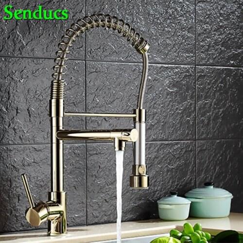 Senducs Gold Pull Down Kitchen Faucet with Quality Brass Gold Kitchen Sink Faucet for Fashion Hot Cold Spring Kitchen Faucet