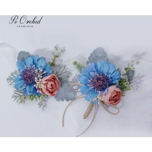 PEORCHID Blue Wedding Boutonnieres For Men Bride Wrist Corsage Bracelet flower Bridesmaid Hand flowers Accesoire Homme Mariage