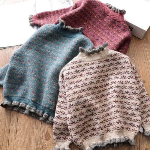 Girls sweater 3-12 years old plus velvet thick knitted wild warm base sweater turtleneck baby winter clothes