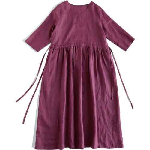 Thin linen V-neck half sleeve dress loose lace Mori pure linen long skirt cotton linen robe 2021 womens summer 369