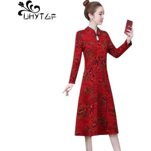 UHYTGF Dresses womens fashion retro cheongsam female autumn winter dress long sleeve pullover plus velvet thick casual dress 792