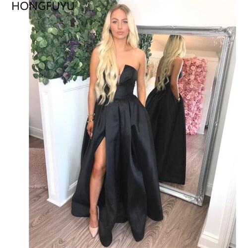 HONGFUYU Sexy Black Prom Evening Dresses V Cutout Neckline Sleeveless Robe De Soiree Longue Formal Party Gowns with Pockets Slit