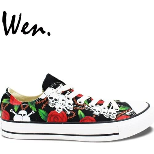 Wen Original Hand Painted Shoes Design Custom Roses Skulls Black Low Top Canvas Sneakers Men Womens Christmas Birthday Gifts