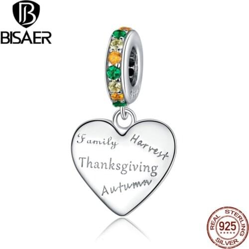 BISAER 925 Sterling Silver Thanksgiving Love Beads Bright Zircon Jewelry Charms fit for Bracelets Silver 925 Jewelry EFC344