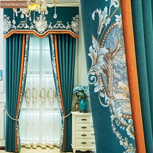 Custom curtain Chenille stitching dark blue bedroom shading jacquard thick cloth blackout curtain valance tulle panel C679