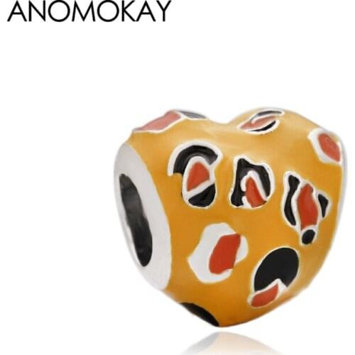 Anomokay Yellow Enamel Dot Flower Heart Charm Bead for DIY Bracelet Bangle Making Big Hole Love Yellow Beads Accessories