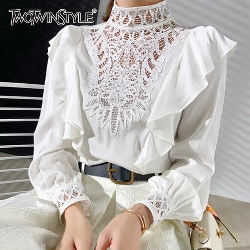 TWOTWINSTYLE White Hollow Out Embroidery Shirt For Women Turtleneck Long Sleeve Patchwork Ruffle Blouse Female Fashion New 2021