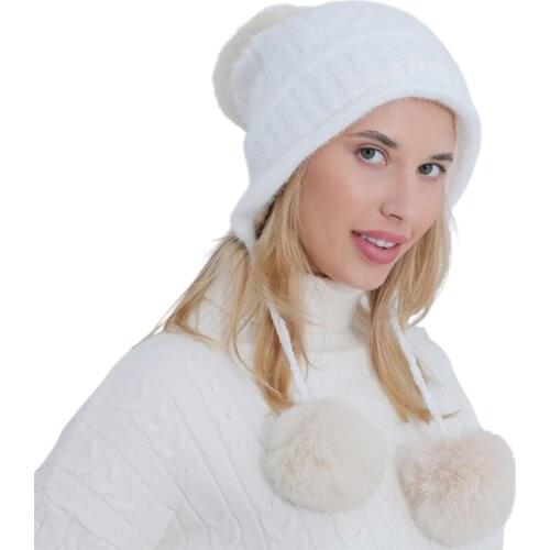 Women Winter Plush Lining Thick Cable Knit Cute Pompom Ball Earflap Trapper Cap Thermal Ear Warmer