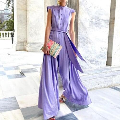 Office Lady Jumpsuit Retro Floral Print Stand Collar Female Wide Leg Belted Patchwork Romper Women Overall 2021