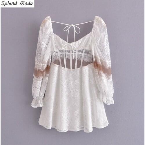 Splend Moda 2021 Summer Sweet Square Collar Sexy Backless Lace Stitching Hollow Puff Sleeves Lace-Up Mini Dress Women Vestido