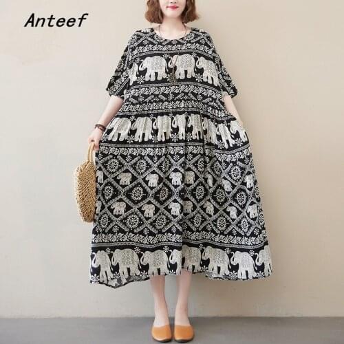 Short sleeve cotton vintage animal floral dresses for women casual loose long woman summer dress elegant clothes 2021