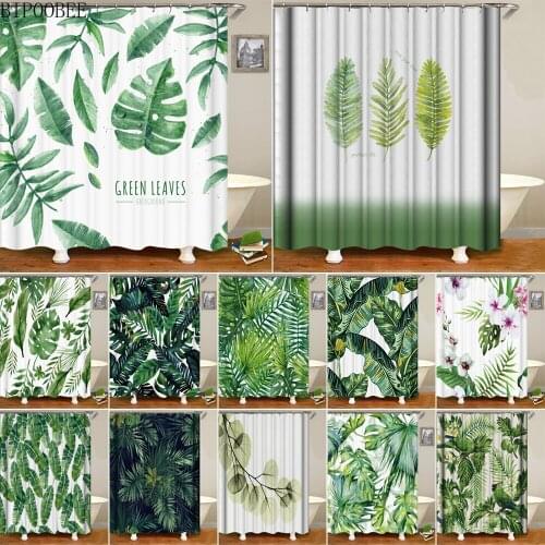 3D Green Leaf Fabric Shower Curtain Tropical Leaves Plants Printed Bathroom Curtains Durable Polyester Bathtub Screen with Hooks