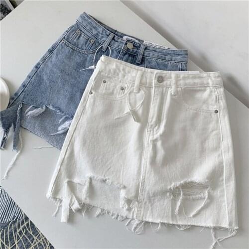 High waist irregular Xuanya anti-sheep denim skirt female white bag hip skirt Korean version was thin skirt