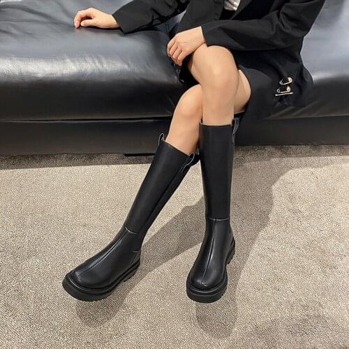 Autuspin Fashion Slim Long Boots for Women Winter Keep Warm Knight Boots Ladies Genuine Leather Platform Heels Party Shoes Woman