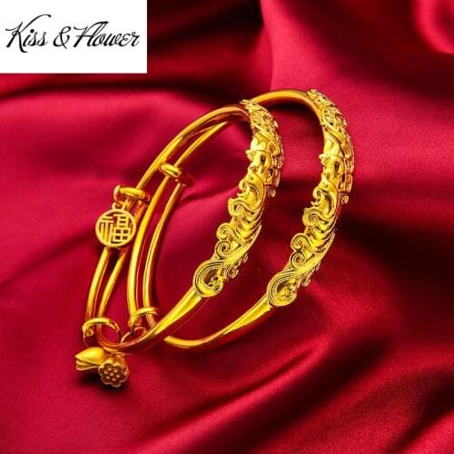 KISS&FLOWER BR173 2021 Fine Jewelry Wholesale Fashion Woman Birthday Wedding Gift Peacock 24KT Gold Resizable Bracelet Bangle