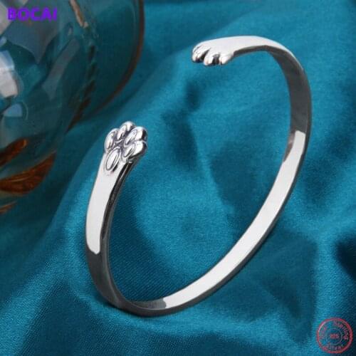 BOCAI S925 Sterling Silver Charm Bracelets Loverly Cat Paw Pattern 2021 Simple Smoothing Pure Argentum Opening Bangle for Women