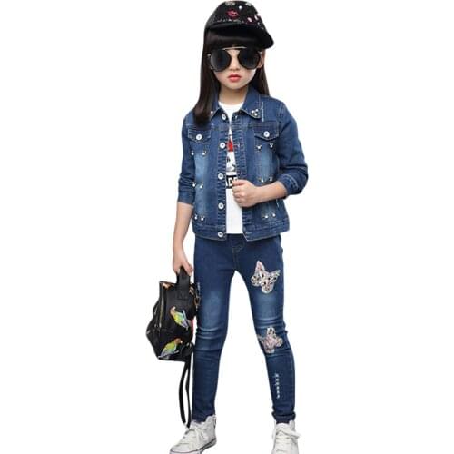 Kids Denim Clothes Sequin Jacket + Jeans Childrens Clothes For Girls Pearls Girl Clothing Cartoon Childrens Costume