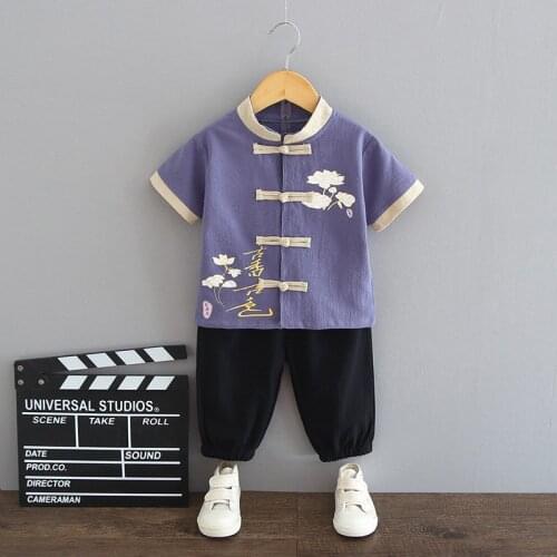 Childrens short-sleeved sets summer boy Chinese style two-piece fashion casual kung fu sportswear toddler party clothing set
