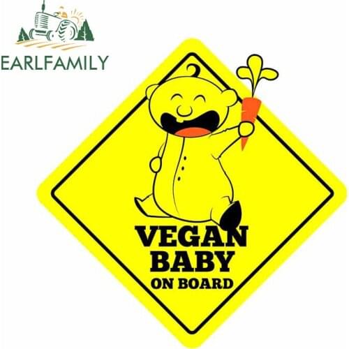 EARLFAMILY 13cm x 12.7cm for Vegan Baby on Board Vinyl Car Stickers Refrigerator Waterproof Decal Creative VAN Sunscreen Sticker
