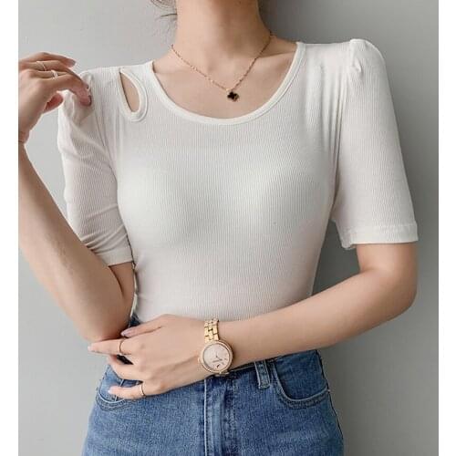 Tee Shirt Femme HOLE O-Neck T-Shirt Female Slim T Shirt Women Short Sleeve 2021 Cotton Summer Tops Korean Fashion Woman Clothes
