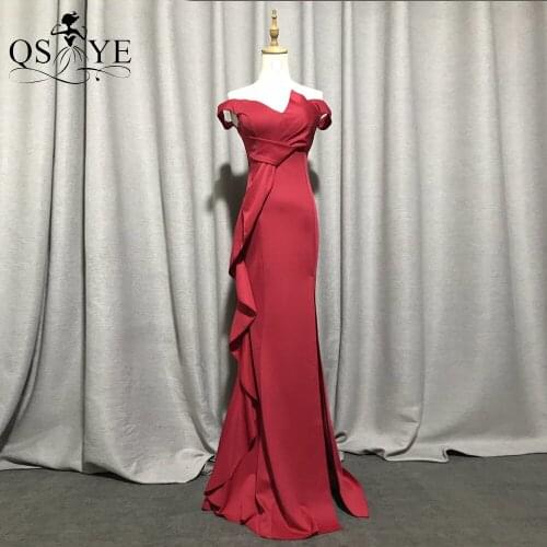 QSYYE Elastic Red Evening Dresses Off Shoulder Mermaid Formal Prom Gown Ruched Bow Knot Waist Party Dress with Split