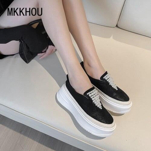 MKKHOU Fashion Casual Loafers Women 2021 New Spring Genuine Leather Pearl Thick Soles Increase All-match Single Shoes Women