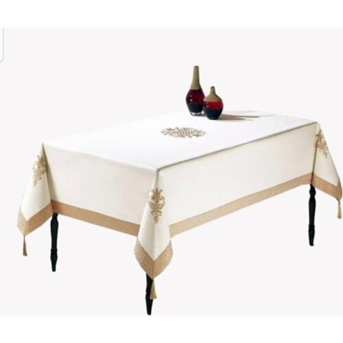 Nakışlı Şeritli Masa Örtüsü Krem Zemin Kahve Işlemeli Leke Kir Tutmaz Kumaş 160x220 cm Lale Motif Nakış işlemeli salon