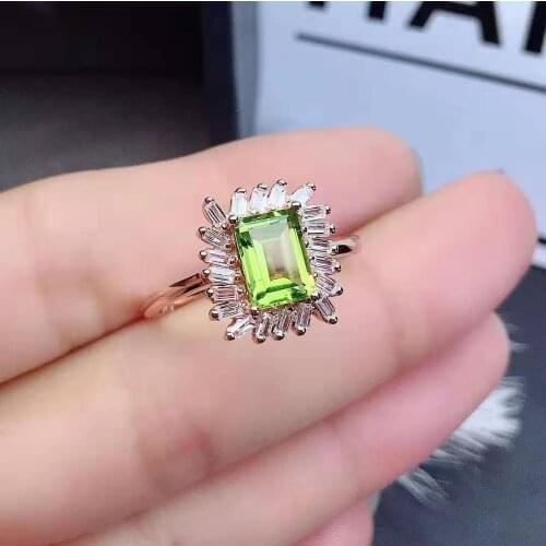 Real 925 Sterling Silver Olivine Gemstone Square Ring Fashion Fine Wedding Jewelry for Women