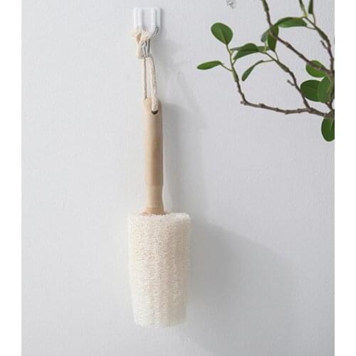 Natural Loofah Dishwashing Brush Scrubber Dish Bowl Pot Cup Cleaning Brush with Wooden Handle Wall Hanging Kitchen Clean Brushes