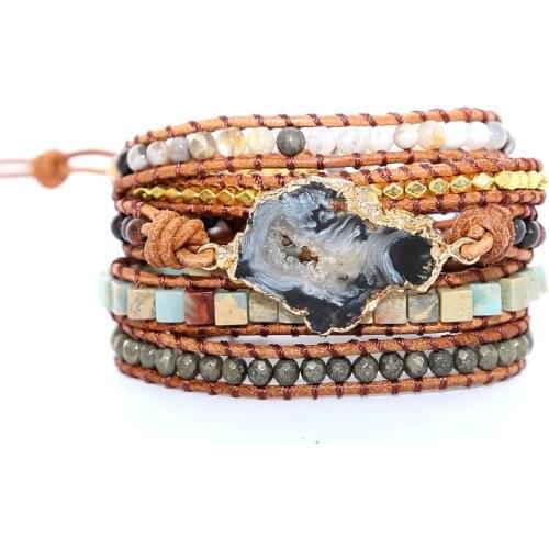 2021New Agate Natural Stone Leather Bracelet Exquisite Mixed Stone Lady Fashion Bag Bracelet Bohemian Bracelet Jewelry