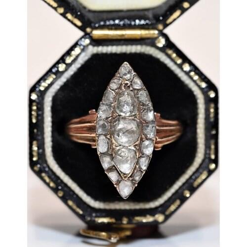 Antique Navette Original Victorian 9k Gold Natural Rose Cut Diamond Decorated Navette Perfect Ring