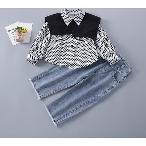 2-7 Years High Quality Spring Girl Clothing Set 2021 New Fashion Casual Dot Shirt + Jeans Kid Children Girls Clothing