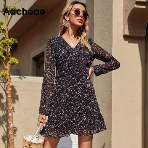Aachoae Summer Dot Print Mini Dress V Neck Ruffles Chiffon Dress See Throgh Sleeve Lady Casual Black Dresses Robe Femme S-XL