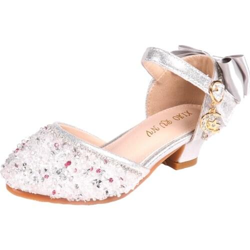Kids Bridesmaids Heel Pump Shoes White Pink Summer Sandals Children Rhinestone Princess Dress Shoes Girl Slip on Mary Jane Shoes